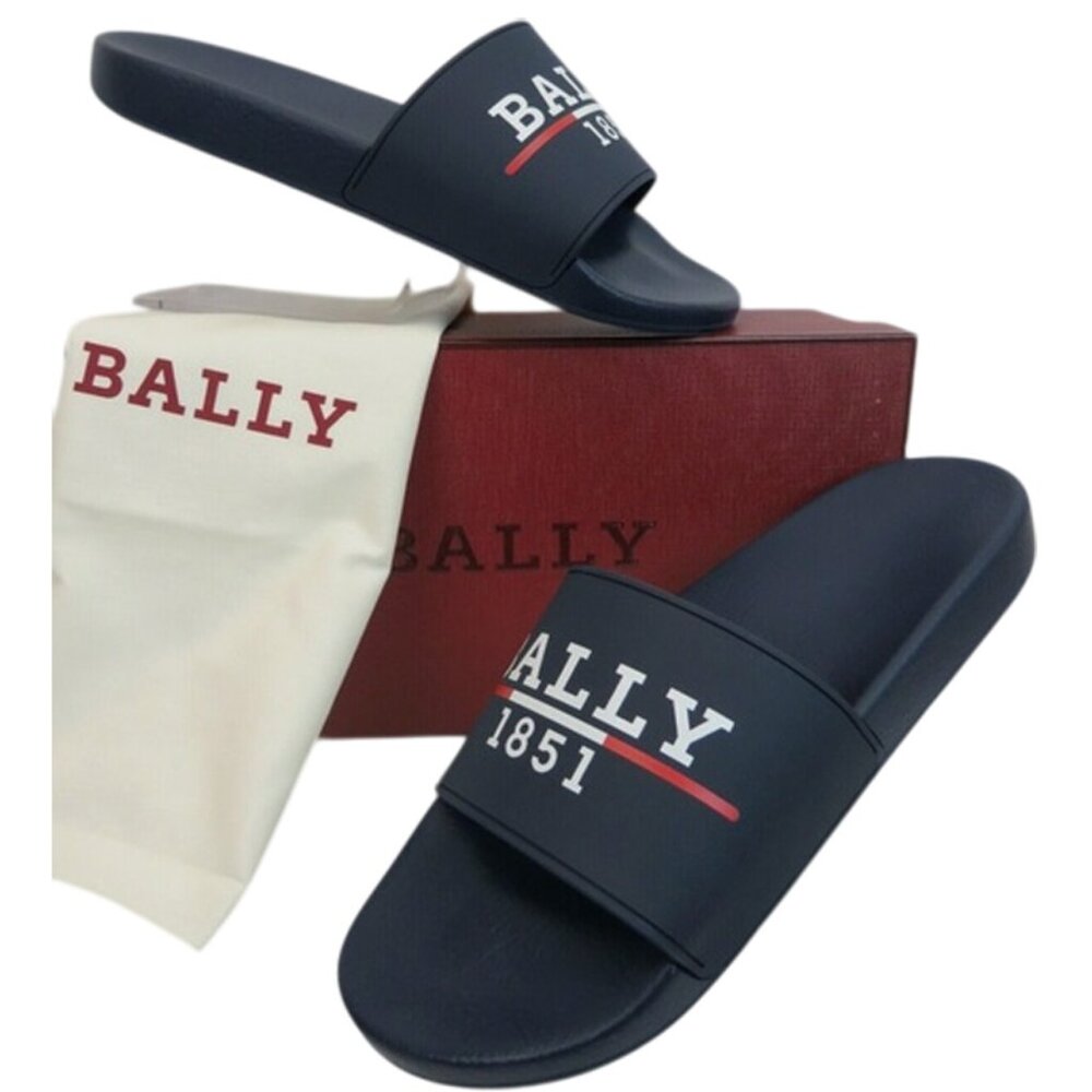 NEW BALLY SAMUEL LOGO SANDALS SLIDES ! 8 INK NAVY WITH WHITE LETTERING ITALY